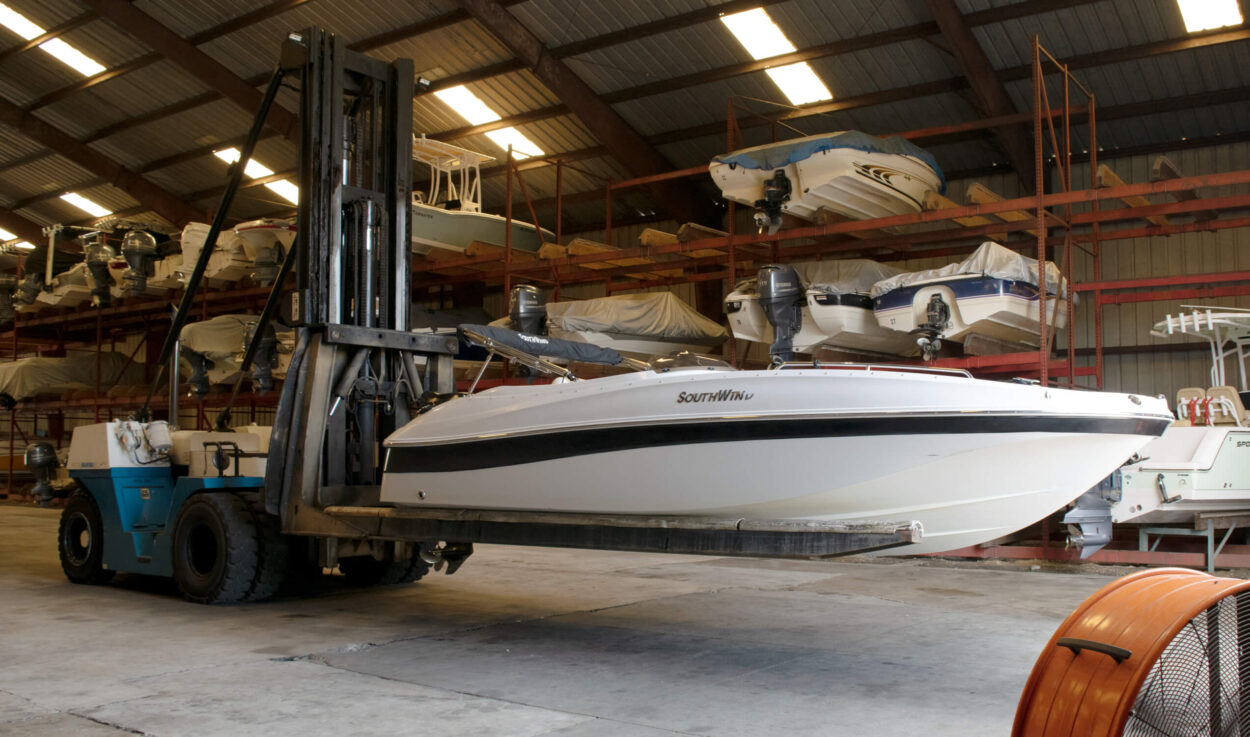 storing boat in dry rack at wacca wache marina in murrells inlet