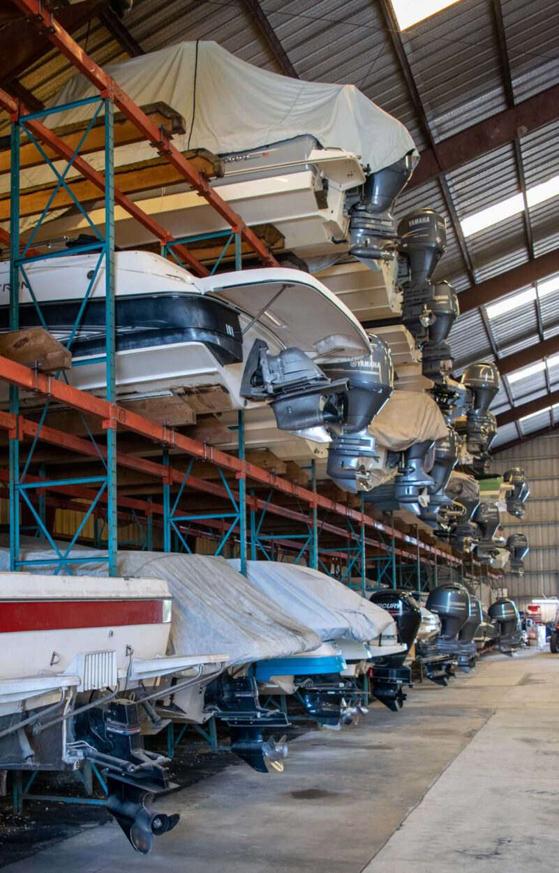 boat in dry rack storage at wacca wache marina