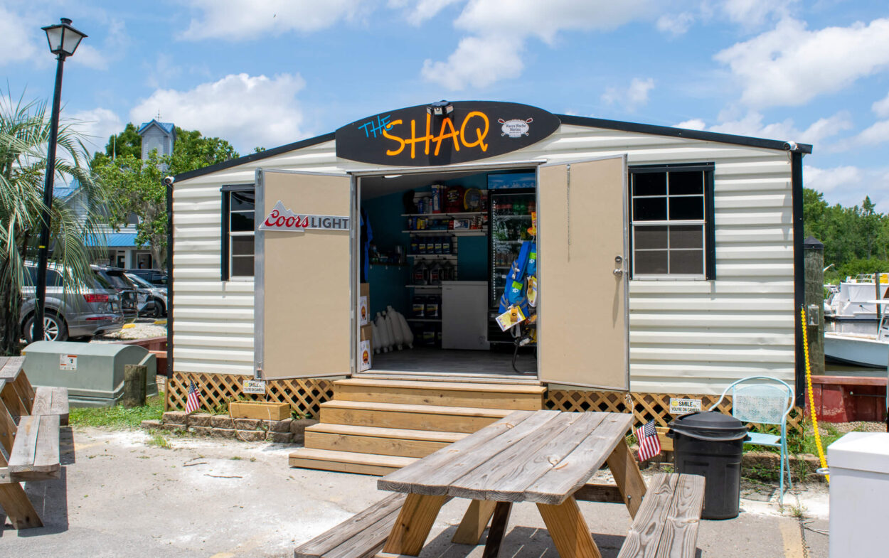 The Shaq outdoor tables at Wacca Wache Marina