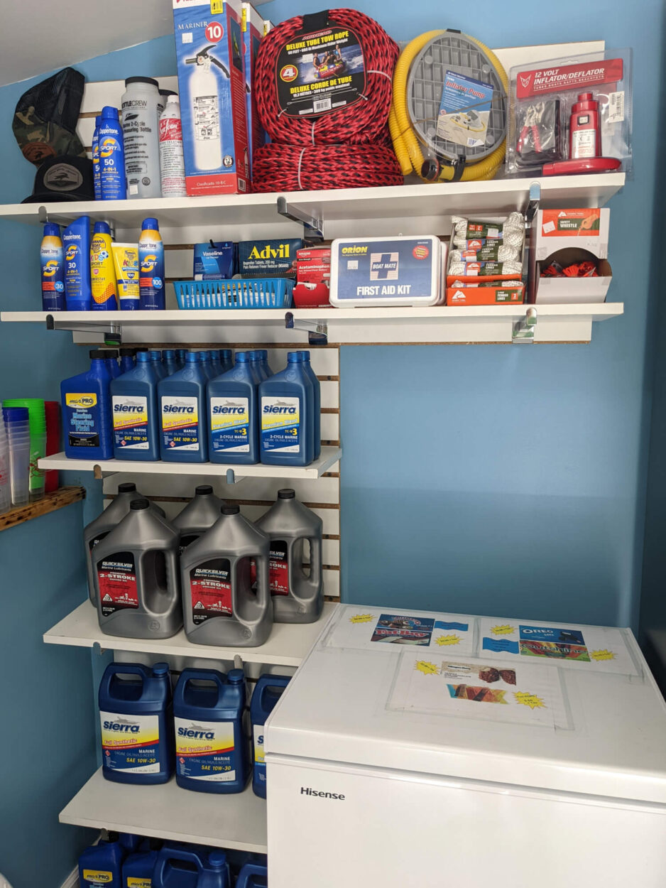 boat motor oil, supplies, and first aid for purchase at Wacca Wache Marina